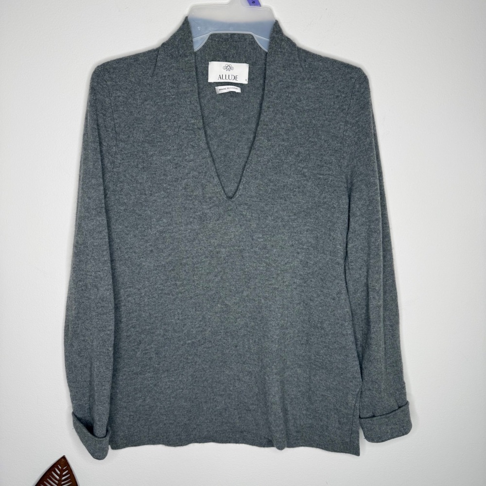 J23 ALLUDE Cashmere V Neck Inward Colar Long Sleeve Sweater Top Women's Gray S